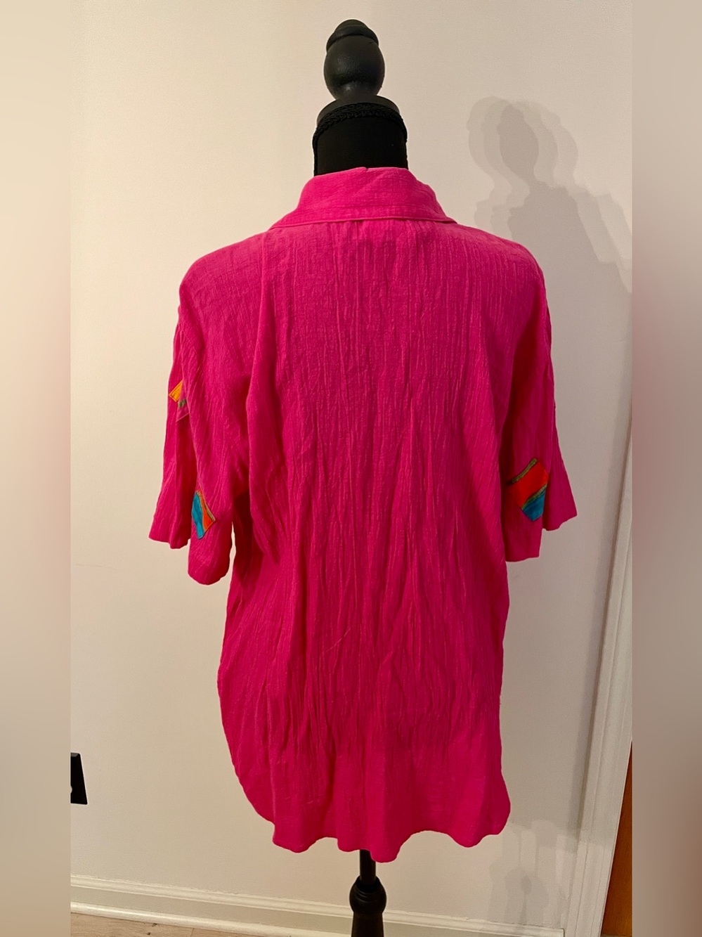 Vintage 90s Bonnie Boynton Artsy Pink Top Resortwear Shirt Button Gauze Cotton L - Picture 5 of 8